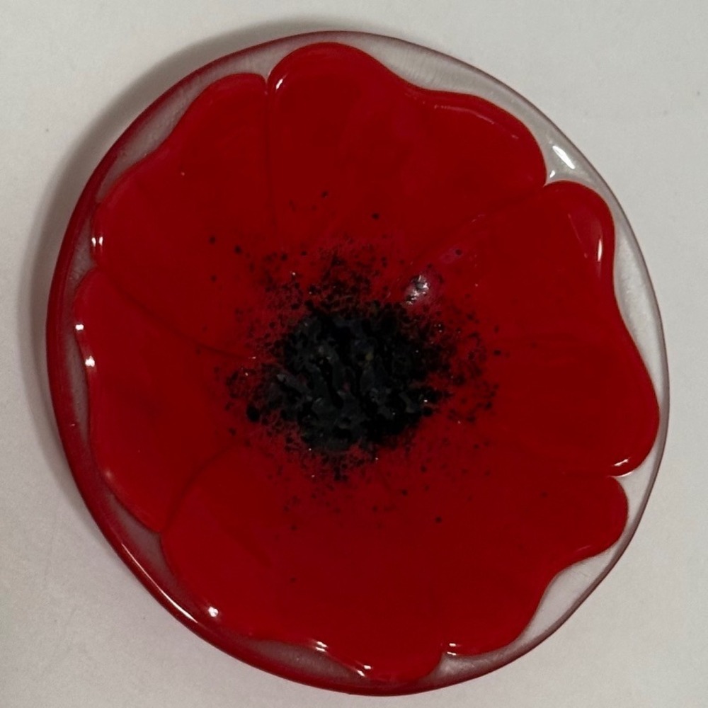 Red Poppy Fused Glass Trinket Dish 5" Floral Art Glass Ring Jewelry Catchall